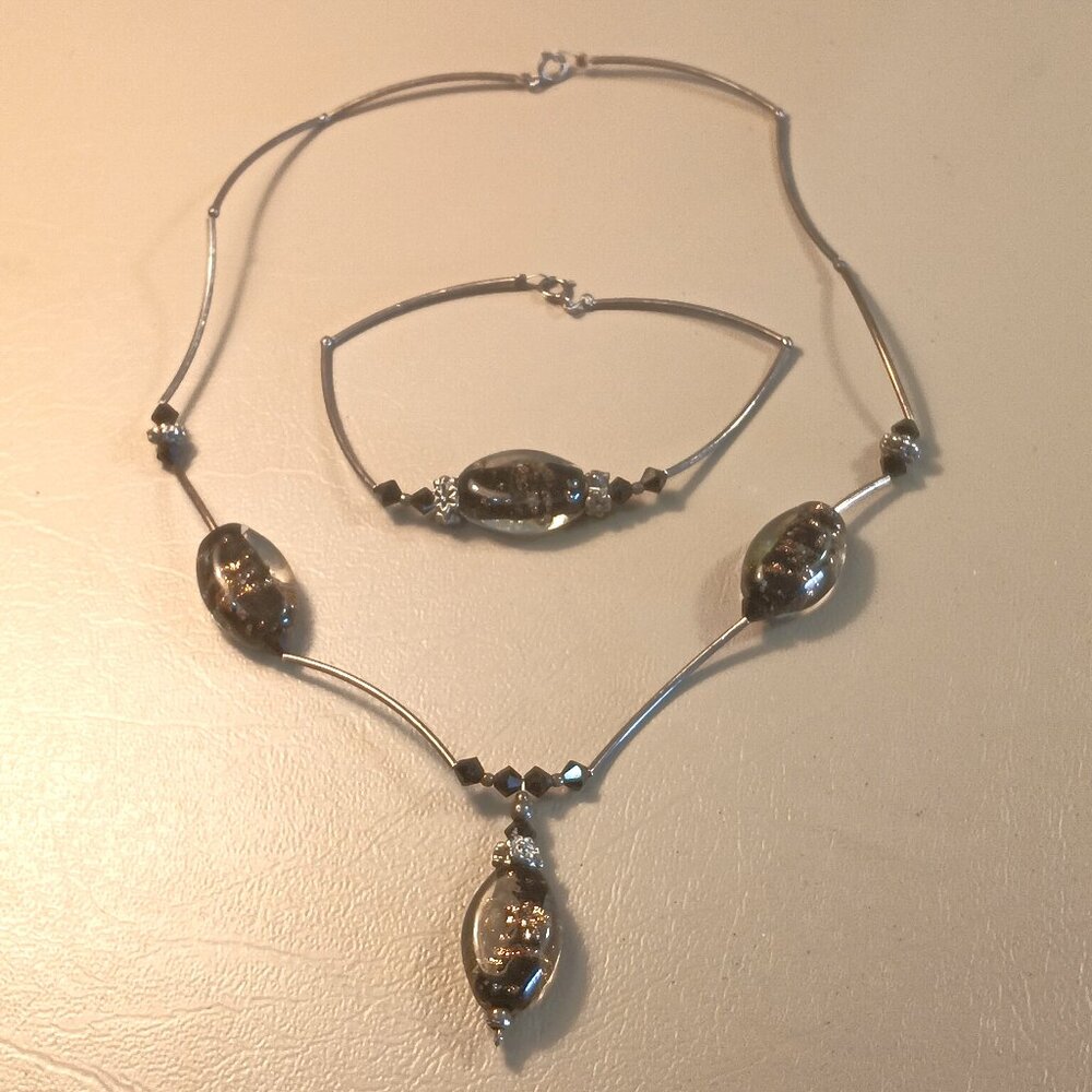 Sterling Silver and Art Glass Beads Artisan matching bracelet & necklace set